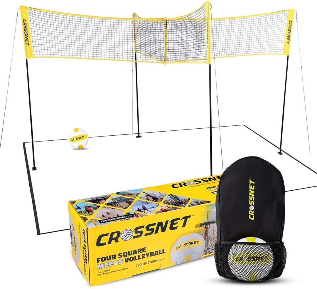 CROSSNET Quick Assemble 4 Square Volleyball Game Set for Adults and Kids with Volleyball Net, Backpack and Ball for Outdoor Games