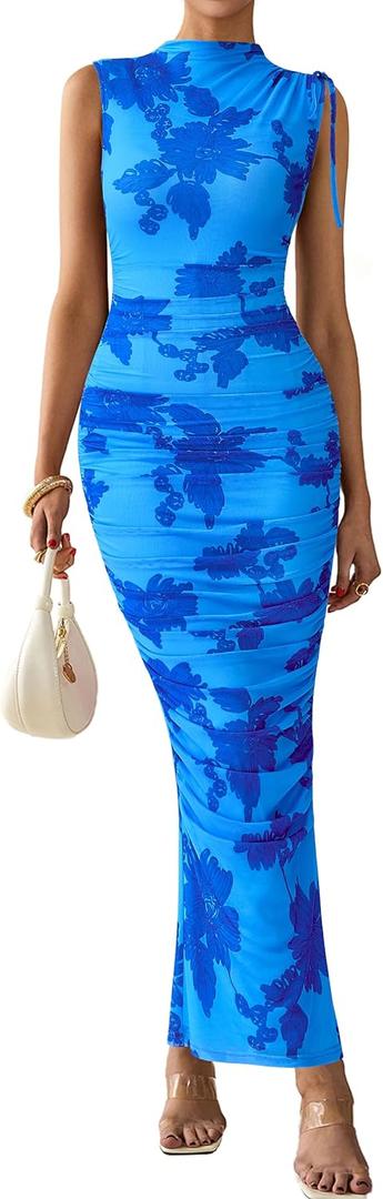 PRETTYGARDEN Women's Summer Maxi Floral Dresses Ruched Bodycon Sleeveless Mesh Formal Wedding Guest Cocktail Split Long Dress (Blue, Small)