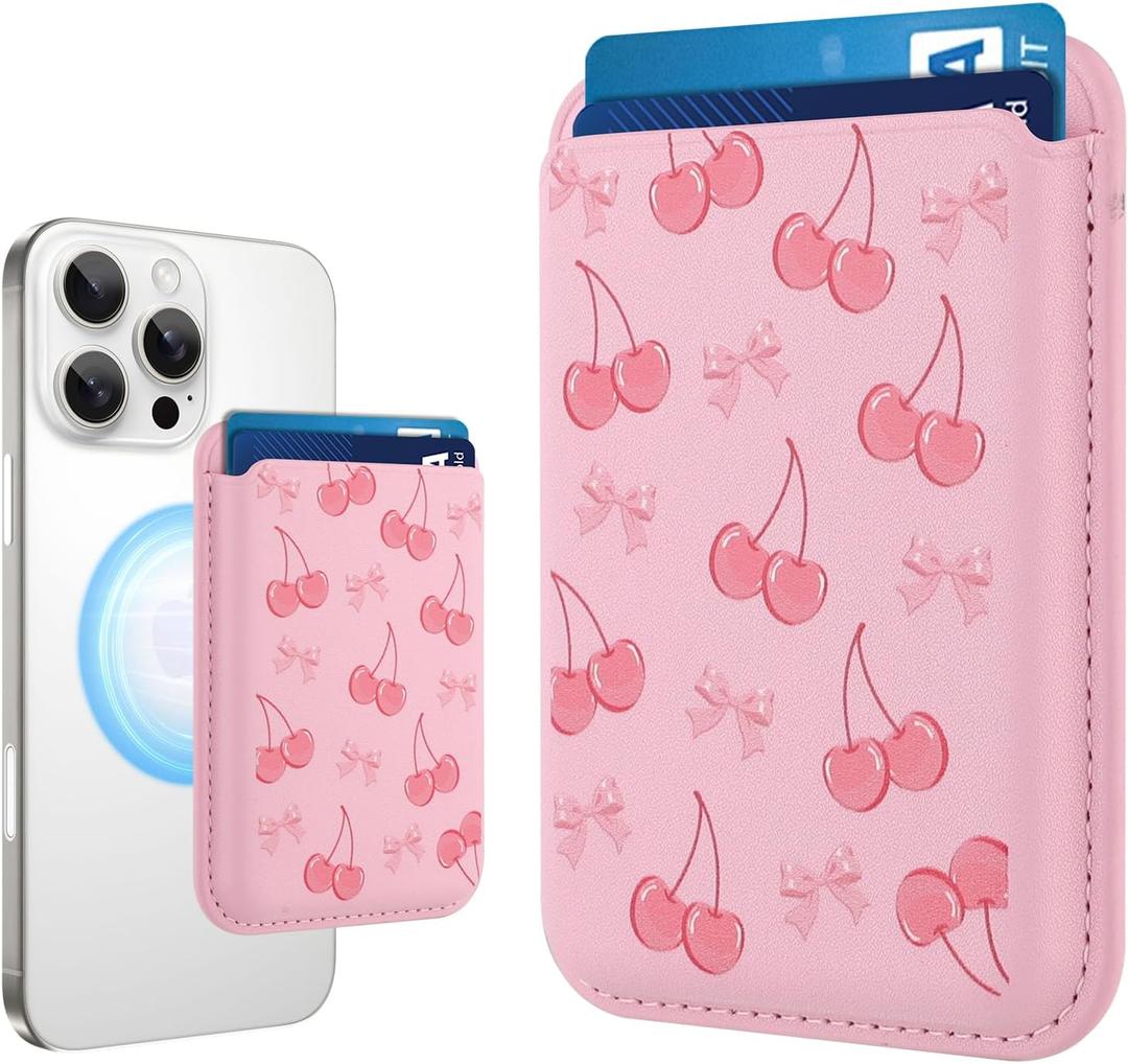 Compatible with MagSafe Wallet, Cute Bow Cherry Pattern for Women Girls, Stronger Magnetic Card Holder Phone Wallet for iPhone 16/15/14/13/12 Series, Fit 2 Cards, Pink