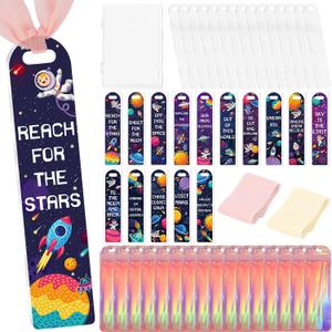 Acrylic Bookmark Making Kits - 60 Pcs Clear Acrylic Bookmark Blanks Set with Space Rocket Planet Inspirational Theme UV DTF Transfer Stickers, 15 Pcs Ribbons, DIY Crafts Book Lover Gifts