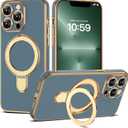 Compatible with iPhone 13 Pro Case with Magnetic Ring Stand [Compatible with Mag-Safe] [Full Camera Lens Protector] Soft Plating Phone Case for iPhone 13 Pro 6.1", Grey Blue