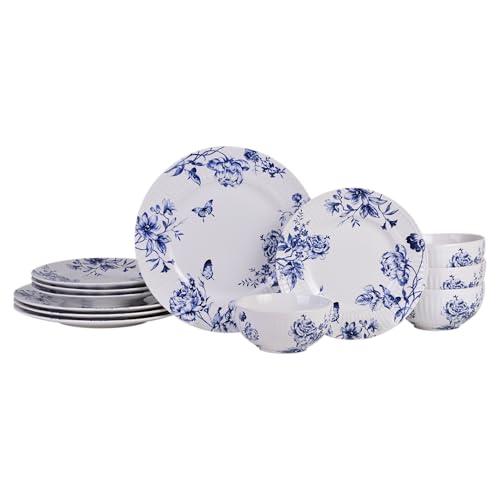 222 Fifth 12-Piece Porcelain Dinnerware Set for 4, White & Blue Plates and Bowls Set, Glossy Ceramic Dish Set with Embossed Toile Pattern, Elegant Kitchen Dishes, Microwave & Dishwasher Safe, Cassian