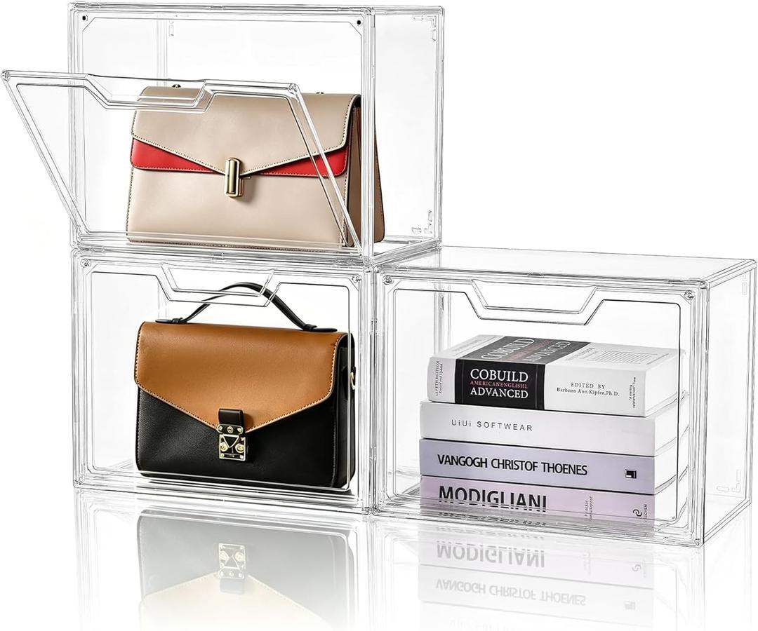 3 Tier Transparent Display Case,Stackable Purse Organizer for Close Easy Access Open Front and Rear Doorless Design,Suitable for Handbag,Collectibles,Fashion Accessories - 2 Small and 1 Large Case