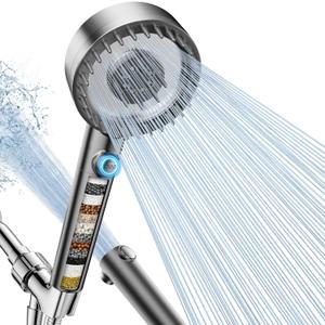 Filtered Shower Head with Handheld, High Pressure 4 Spray Mode Showerhead with Filters, Water Softener Filter Beads for Hard Water with ON/OFF Switch for Pets - Remove Chlorine (Gray) (5 Inch Panel)