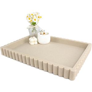 YMXYJM-Scalloped Coffee Table TrayOttoman Tray for Modern Home Decor. 14" Decorative Tray for Entryway Table Decor, Living Room Table Decor, Coffee Table Centerpiece - Beige Resin