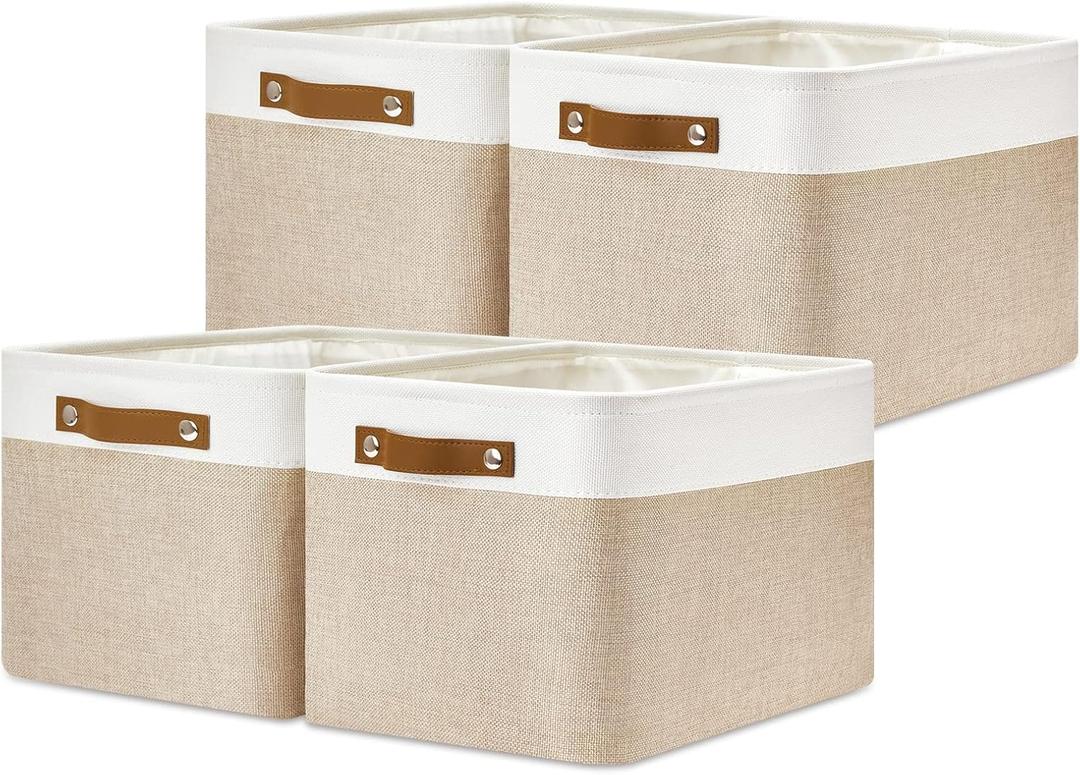 DULLEMELO Fabric Storage Bins for Laundry, Home, Foldable Storage Baskets for Shelves, Toys, Collapsible Storage Bins for Office, Closet, Bedroom(White&Khaki,15"x11"x9.5",4-Pack)
