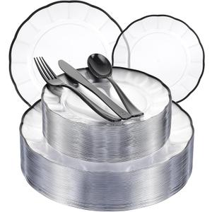 EI 150pcs Clear and Black Plastic Plates Dinnerware Disposable Party Set for 30Guests,Dinnerware Include 60 Clear Plates Disposable 90 Black Silverware,Perfect for Party,Business Events,Hotel
