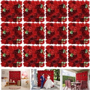Flower Wall Backdrop 12 Piece of 16.5x16.5 Inch Artificial Floral Wall Panel Silk Rose Wall Decor Ideal for Wedding Celebrations, Festive Party Backdrops, and Home Decor-Red