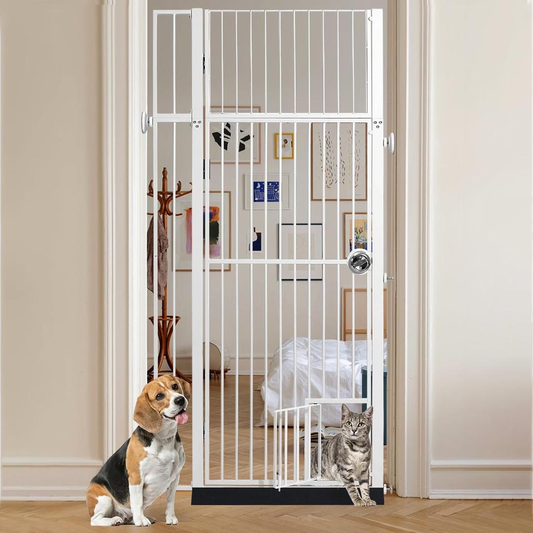 71" Extra Tall Pet Gate with Cat Door, 27-37.5" Extra Wide Full Door Cat Gate for Doorway, No Drill Pressure Mounted Gate for Cats, Cat Barrier Indoor, No Jumping Over for Stairs Hallway, White