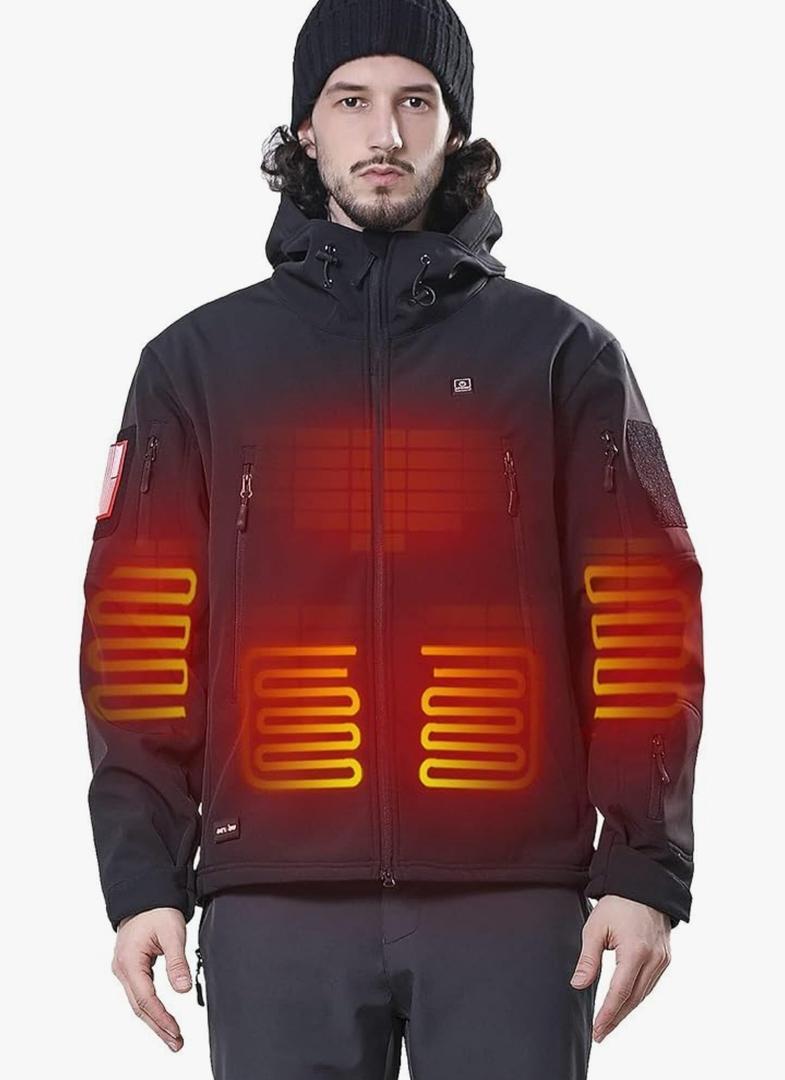 DEWBU Heated Jacket for Men with 12V Battery Pack Winter Outdoor Soft Shell Electric Heating Coat, Size S