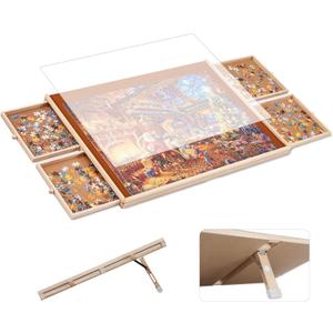 Tilting Puzzle Board with Drawers and Cover, 1000 Piece, 30" x 22", Portable Wooden Jigsaw Puzzle Table for Adults and Kids, 4 Drawers