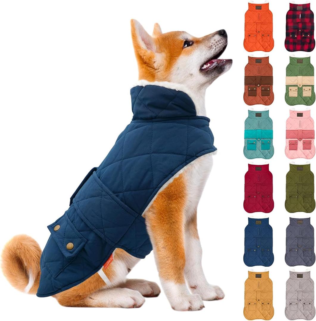 KYEESE Dog Coat Waterproof Dogs Jacket with Fleece Lined Windproof Dog Coats for Small Dogs Thick Pets Clothes with Pocket Soft Pet Sweater for Cold Weather Warm Pet Winter Puffer Coat with Leash Hole (Large, 01# Blue)