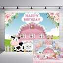 10x8ft Pink Barn Farm Birthday Party Backdrop Pink Girls Floral Farm Barn Photography Background Princess Birthday Newborn Baby Party Supplies Cake Table Banner