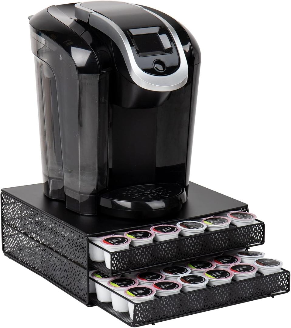 Mind Reader 2 Drawer Coffee Pod Organizer with Removable Dividers, 72 Pod Capacity, Metal Mesh Coffee Station Base with Guided Drawer Track, Black