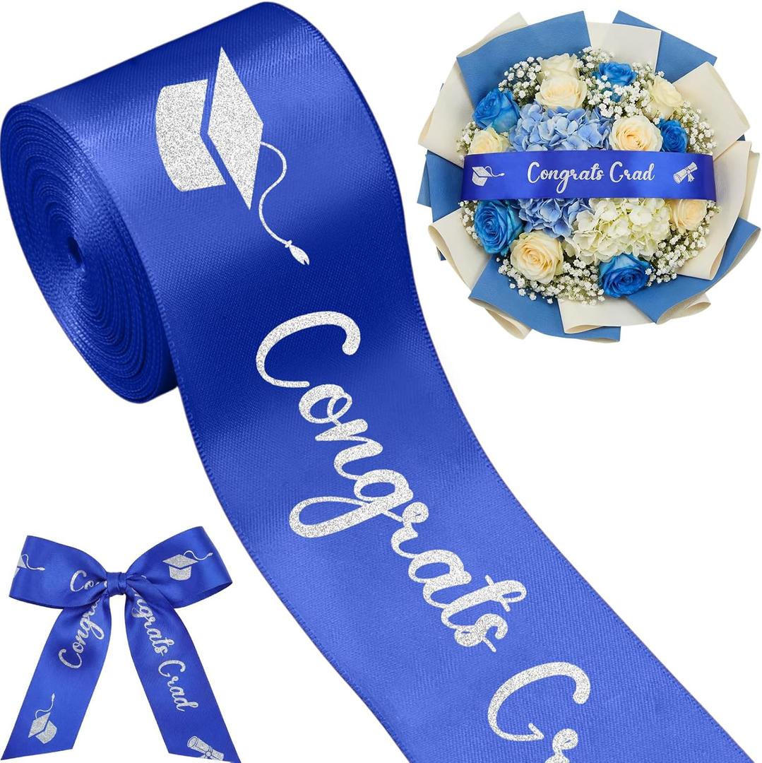 Zeyune 10 Yards Glitter Graduation Ribbon 2 Inch Class of 2026 Blue Silver Ribbon Craft Congrats Grad for Flower Bouquet Gift Wrapping Hair Bow Wreath Graduation Party Decoration