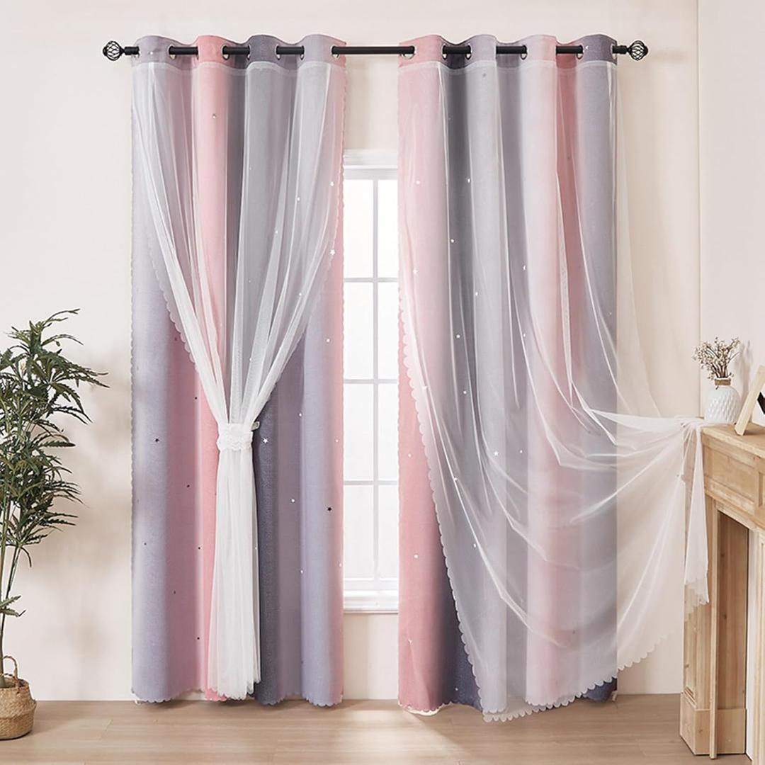 Living Room Curtains Blackout | Polyester Double Layer with Sheer Room Darkening Grommet Drapes for Living Room Bedroom Window, Grey Pink, 39x79 Inch