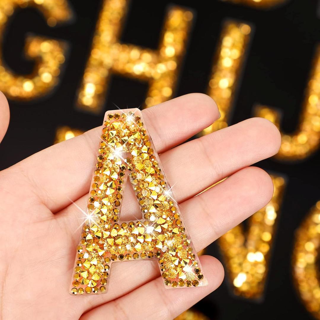 Waydress 26 Piece Rhinestone Iron On Patch A-Z Pearl Bling Rhinestone Letter Patch Glitter Alphabet Applique Rhinestone Pearl English Letter for DIY Craft Supplies(Gold, Solid Style)