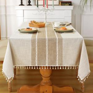 Laolitou Rustic Cotton Linen Table Cloth,Tablecloths for 6 Foot Rectangle Tables,Waterproof Washable Tablecloth with Tassel Rectangle/Oblong, 55''x 86'', 6-8 Seats (Lines Coffee)
