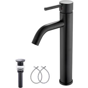 GGStudy Matte Black Bathroom Faucet Single-Handle 1 Hole Black Bathroom Vessel Sink Faucet Matching Pop Up Drain (Tall)