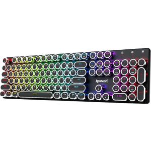 Redragon Wireless Typewriter Style Mechanical Gaming Keyboard, Bluetooth/2.4Ghz/Wired, RGB Backlit, Rechargeable, Blue Switch - Clicky, Metal Panel, Round Keycaps, Black