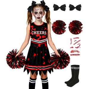 Cheerleader Dress Costume For Girl Full Set Dress Halloween Accessories (8-9T, Black Red 1)