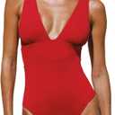 Womens One Piece Swimsuit Tummy Control Bathing Suit Sexy Deep V Neck Cheeky High Cut Swimwear (Large, Red)
