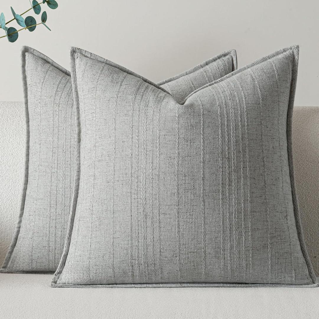 a moment Linen Pillow Covers Set of 2,Boho Farmhouse Throw Pillowcases Neutral Textured Decorative Covers for Couch Sofa Bed, Soft Linen Blend Accent Case Cushion Home Decor 20"x20"Light Grey