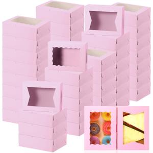 TaoBary 100 Pcs 8 Inch Bakery Boxes 8 x 6 x 2.5 Inch Cookie Pastry Boxes with 2 Style Window for Cookie Treat Chocolate Strawberries Cupcakes Candy Muffins(Pink)