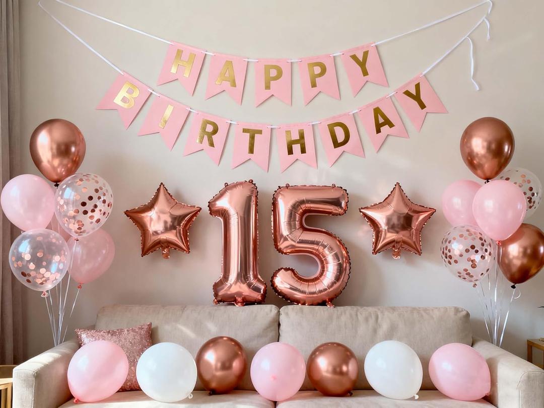 15th Birthday Party Balloons Decorations Rose Gold for Girls, 15th Birthday Banner Number 15 Birthday Foil Balloons Confetti Balloons for Girls Her Daughter 15 Year Old Birthday Supplies (15th)
