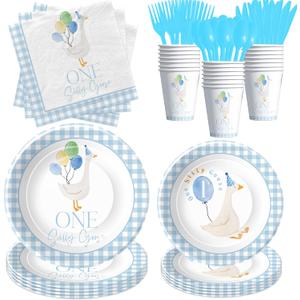 One Silly Goose First Birthday Plates and Napkins Party Decorations for Boys Tableware, Blue Goose 1st Birthday Party Supplies, Disposable Paper Plate, Cup, Napkin, Cutlery, 24 Guests