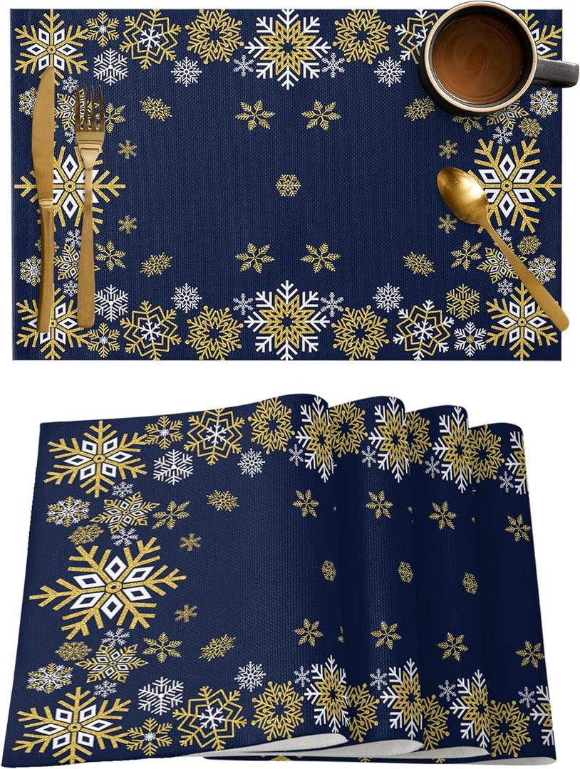 Gold White Snowflakes Christmas Placemats Set of 6, Winter Xmas Holiday Heat Resistant Washable Table Place Mats Navy Blue Cotton Table Linens Party Holiday Decor for Kitchen Dining Outdoor Indoor (18x12 inch x6 pcs)
