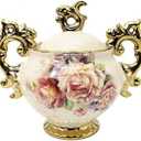 fanquare Gold Porcelain Sugar Container, Floral Sugar Holder for Coffee Bar, 12 Ounce Ceramic Sugar Bowl with Lid for Countertop, Kitchen Sugar Jar Vintage