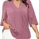 SCOMCHIC Women's Plus Size Blouses 3/4 Sleeve V Neck Pleated Shirts | 3/4 Sleeve, Dressy Tunic Tops, Casual Loose, V Neck, Pleated Shirts (Pink, XXL)