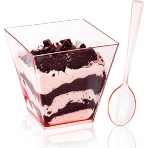 YOUBET 102 PCS Plastic Dessert Cups - 8oz Pink Clear Square Cups - 51 Pack Mini Appetizer Cup with Pink Tasting Spoons for Pudding, Fruit, Yogurt Parfait and Ice Cream Mothers Day