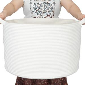 XUANGUO Extra Large Cotton Rope Basket Blankets Basket Living Room 22"x14" Toy Basket for Kids Dogs Rope Storage Basket for Nursery Woven Laundry Basket for Clothes Towels Baby Toy Storage round white