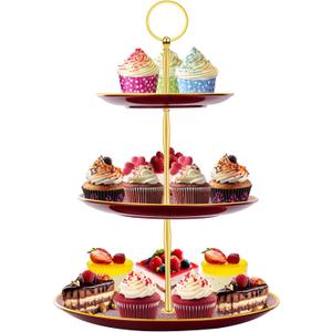 PinCute Cupcake Stand Holder - 3 Tier Cup Cake Dessert Stands, Plastic Tiered Serving Tray&Metal Rod for Birthday Party, Wedding, Tea Party, Baby Shower-Red