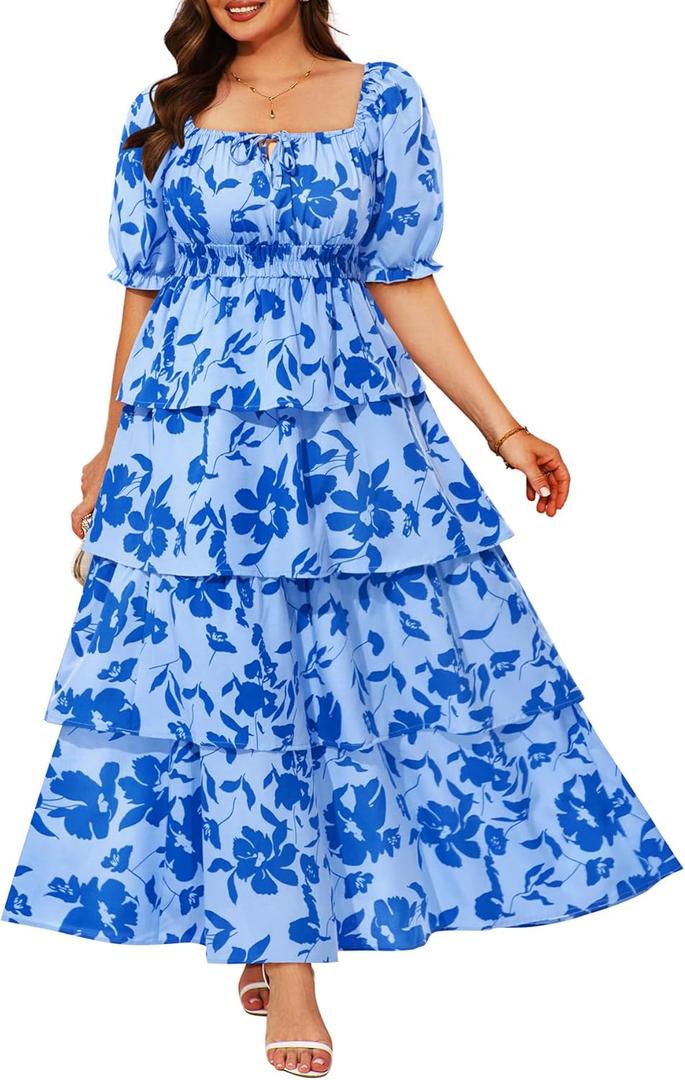 Plus Size Summer Dresses 2026 - Floral Milkmaid Puff Sleeve Casual Ruffle Tiered Maxi Long Sundress,18Plus