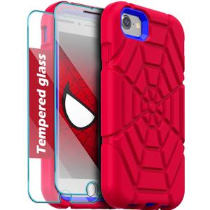 Grifobes for iPhone SE 2022/2020 Case, for iPhone 8/7 / 6 / 6S with [2Pack] Tempered Glass Screen Protector, Heavy Duty Shockproof Protective iPhone SE 3rd/2nd Generation Cover 4.7" for Kids Boys (#01 Red & Blue)