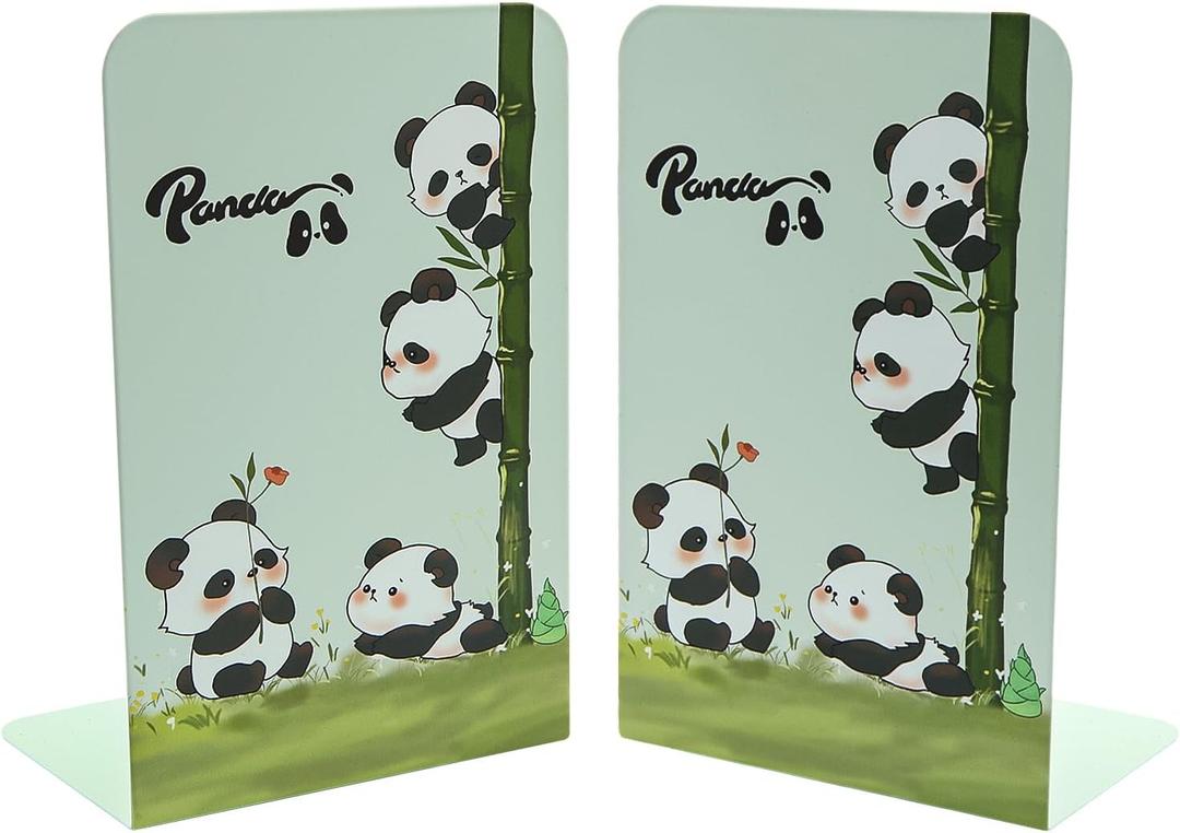 4 x Adorable Panda Bookends for Shelves,Animal Book Ends Green Panda with Bamboo Metal Kids Bookends Student Bookends Book Holder Journal Book Organizer CD Holder for Office School Desk Decoration