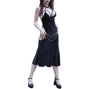 Women Sexy Halter Backless Hollow Out Dress with Detachable Gold Chain for Club, Party & Cosplay, Size: Large, Black