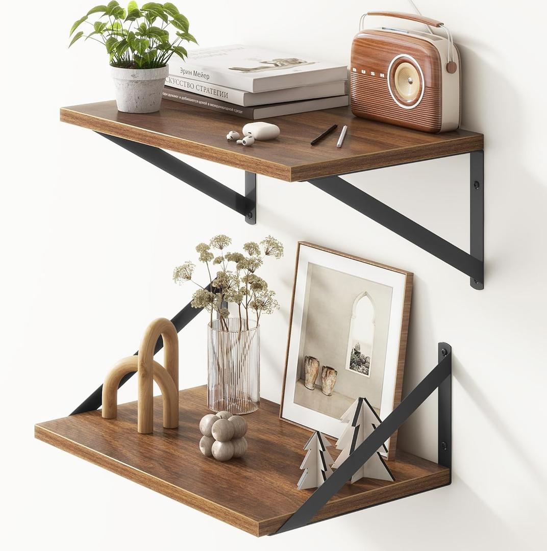 Fun Memories 10 Inch Deep Floating Shelves, Walnut Floating Shelf 16 Inch Long, 16" W x 10" D Wall Shelves Set of 2, Deep Shelves for Books, Wide Floating Shelves for Bahtoom, Living Room, Kitchen