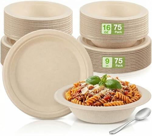 Havawish  Compostable Paper Plates and Bowls Set 9 Inch Disposable Plate 16oz Biodegradable Bowls for Party Dinner 75-person Bulk Party Supplies