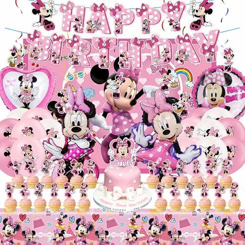 Pink Mouse Birthday Party Decorations Party Balloons, Pink Mouse Party Supplies Include Banner, Hanging Swirls, Foil Balloons, Cake Toppers, Cupcake Toppers, Tablecloth