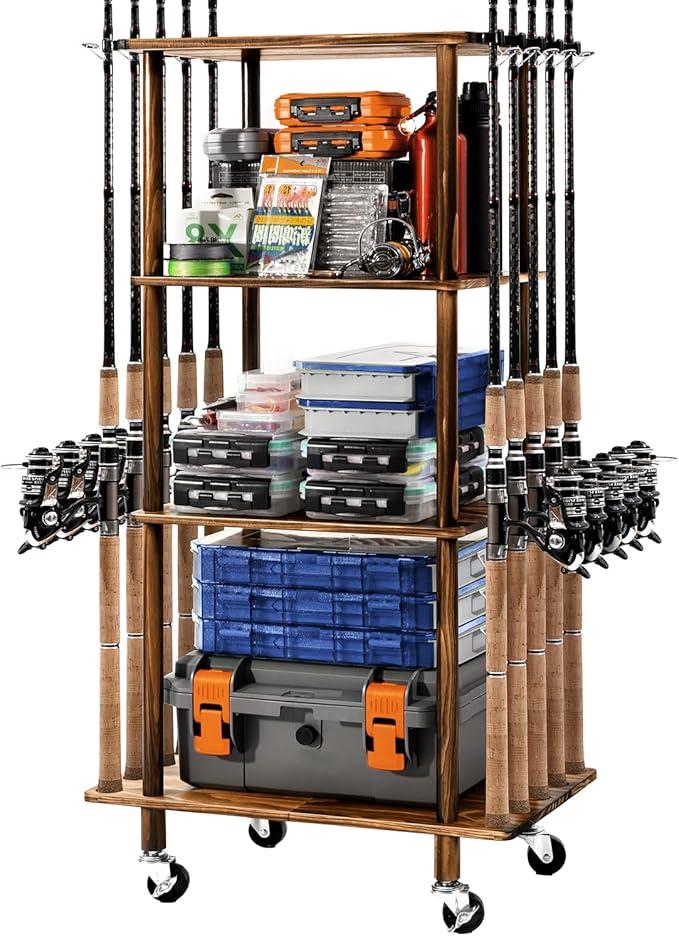Ghosthorn Fishing Rod Holders for Garage Fishing Pole Rack Hold up to 10 Rods Fishing Pole Holders Wooden Organizer Fishing Rod Rack car Fishing Gear Storage Equipment (4 Tier)