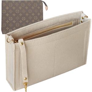 Toiletry Pouch 19 26 Bag Organizer Insert for Cosmetics Tidy Organizer,Felt Purse Organizer Insert Ladies Tote Handbag Liner Pocket Organizer with Keychain & Gold Buckle & Zip(Large-26,Beige)