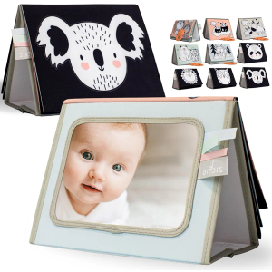 Soft Tummy Time Book w/ Large Stimulating Baby Safe Mirror - Fun High Contrast Montessori Toy w/ Mirror, Crinkle Filling & Silicone Teether - The Perfect Toy For Safe Early Newborn/Infant Development