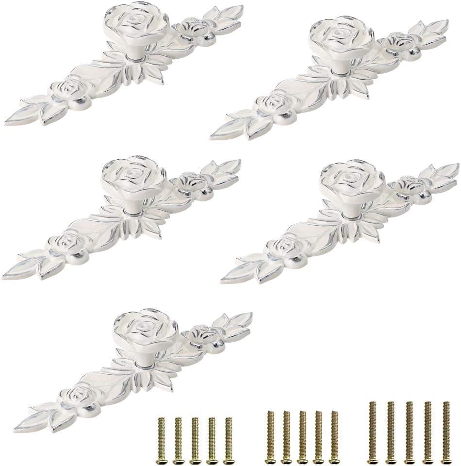 JUXYES Pack of 5 Euro Rose Decorative Cabinet Knobs with Plate, Floral Ivory Drawer Knob Cupboard Door Knobs, Ivory White Drawer Pulls Cabinet Handle Knobs for Dresser Cabinet (L, Ivory with Silver)