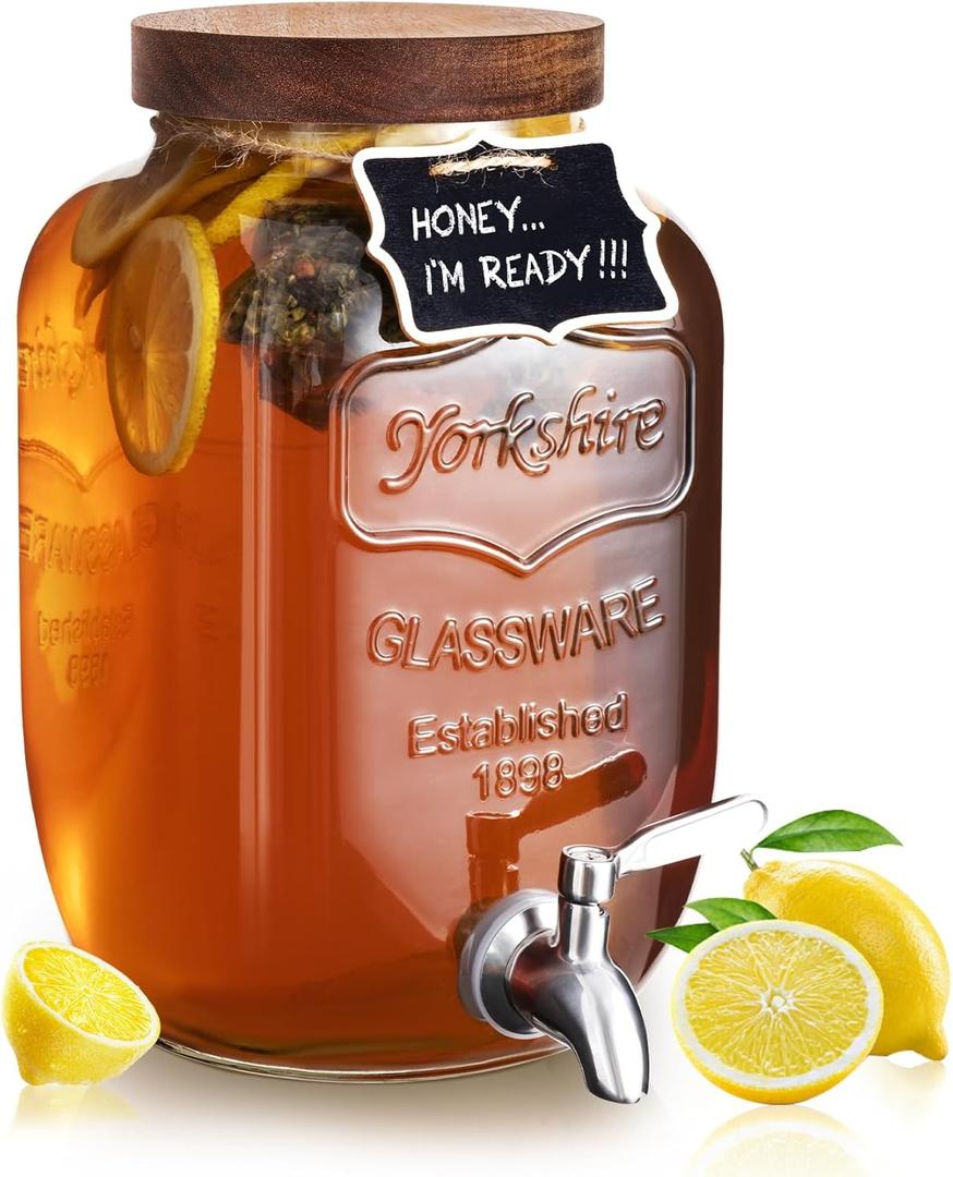 Mustry Glass Drink Dispenser for Parties, 1 Gallon Beverage Dispenser with Spigot Solid Stainless Steel, Used as Lemonade Dispenser Sun Tea Jar Kombucha Jar (Single)