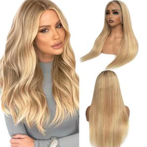13x6 Lace Front Wig Human Hair Brown Roots to Golden Blonde with 613 Bleach Blonde Highlight Lace Frontal Pre Plucked with Baby Hair 180% Density Straight Wear and Go Glueless Wigs for White Women 16