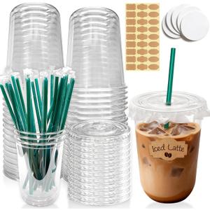 25 Sets 16 oz Clear Plastic Cups with Lids and Straws, Disposable Iced Coffee Cups for Cold Beverages, Smoothies, Bubble Tea, Includes Leak-Proof Paper and Stickers